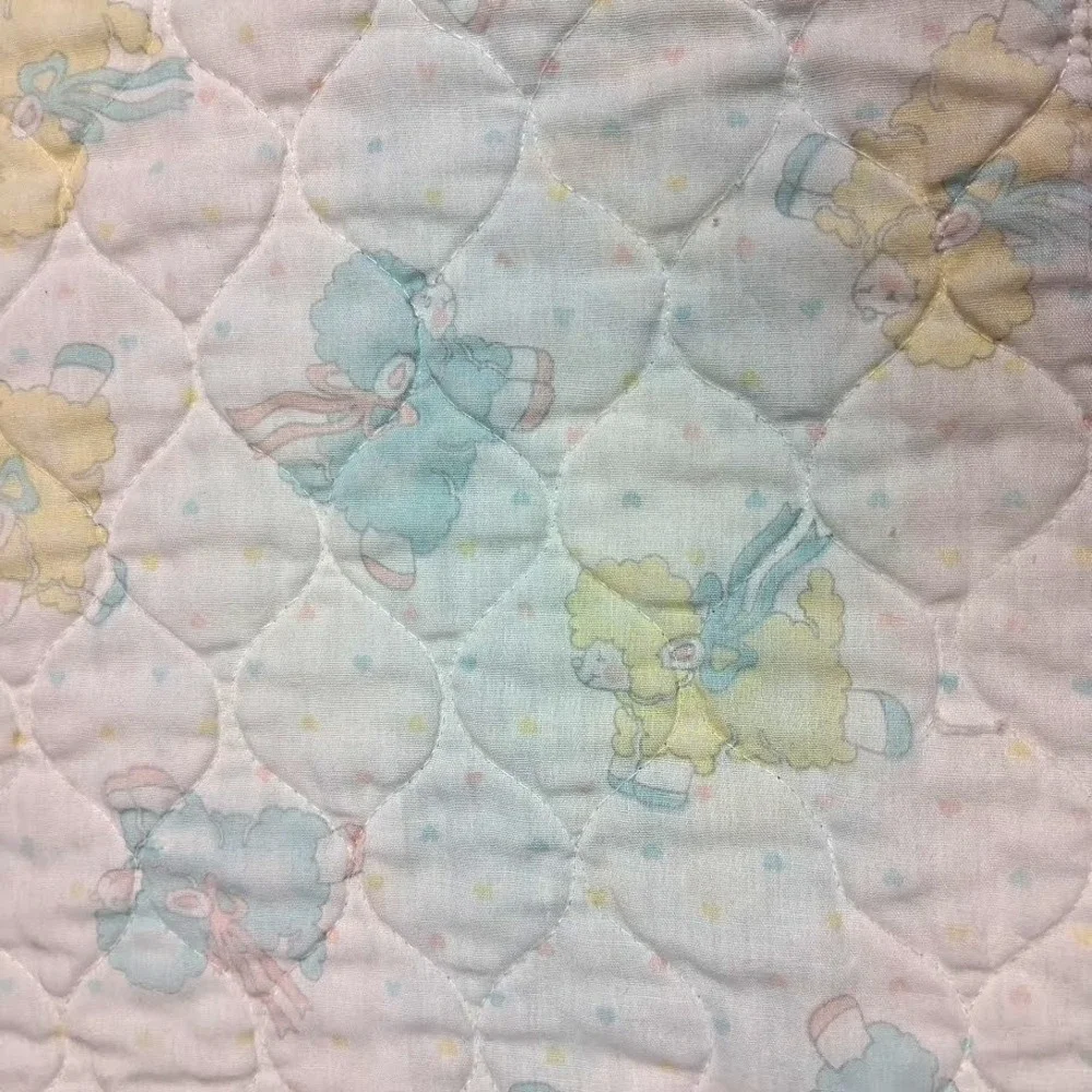 Vtg Lamb Baby Crib Comforter Blanket Blue Yellow Sheep Jumping Quilted Fence